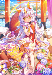 Rule 34 | 2girls, :3, age of ishtaria, animal ears, bare legs, barefoot, blush, closed eyes, clothing cutout, copyright notice, dark skin, dress, finger to mouth, flower, hair ornament, highres, horns, hydrangea, kneehighs, komainu (age of ishtaria), looking at viewer, lying, multiple girls, munlu (wolupus), navel, navel cutout, official art, on side, purple hair, rainbow, red dress, shishi (age of ishtaria), single horn, sitting, sleeping, sleeveless, sleeveless dress, socks, teruterubouzu, thick eyebrows, torii, tree, yellow eyes