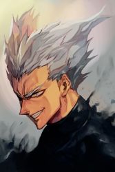 Rule 34 | 1boy, garou (one-punch man), grey background, grey hair, grin, hungry clicker, male focus, one-punch man, pointy hair, portrait, simple background, smile, solo, teeth, upper body, yellow eyes