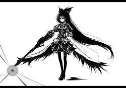 Rule 34 | 1girl, absurdly long hair, acryl, alternate weapon, arm cannon, bow, female focus, greyscale, hair bow, letterboxed, long hair, monochrome, reiuji utsuho, solo, third eye, touhou, very long hair, weapon, wings