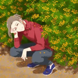 Rule 34 | 10s, 1boy, blush, brown hair, bush, earrings, emittan712, closed eyes, grin, hand on own cheek, hand on own face, idolmaster, idolmaster side-m, jewelry, male focus, ponytail, smile, solo, squatting, sweater, watanabe minori