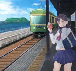 Rule 34 | 1girl, bag, black hair, blue eyes, book, cloud, day, electric train, fence, hand up, holding, holding book, irohakaede, island, looking at viewer, navel, neckerchief, ocean, original, platform, railroad tracks, red eyes, red neckerchief, road, school uniform, serafuku, shoulder bag, sign, solo, tactile paving, tower, train arriving, train station, translation request, vehicle focus