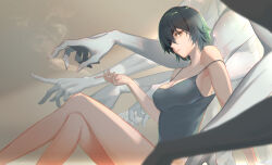 Rule 34 | 1girl, bare legs, bare shoulders, black hair, breasts, camisole, chainsaw man, cigarette, cleavage, commentary request, eyepatch, feet out of frame, ghost devil (chainsaw man), grey eyes, highres, himeno (chainsaw man), holding, holding cigarette, looking at viewer, medium breasts, off shoulder, short hair, sitting, smoke, strap slip, tenshin kagehisa, thighs