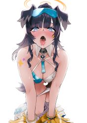 Rule 34 | 1girl, absurdres, animal ears, bang5410, bare shoulders, black hair, blue archive, blue eyes, blunt bangs, blush, breasts, cleavage, collar, dog ears, dog tail, drooling, goggles, goggles on head, halo, hibiki (blue archive), hibiki (cheer squad) (blue archive), highres, long hair, millennium cheerleader outfit (blue archive), open mouth, panties, pleated skirt, pom pom (cheerleading), pussy juice, saliva, skirt, skirt around one leg, solo, tail, tongue, tongue out, underwear, white panties
