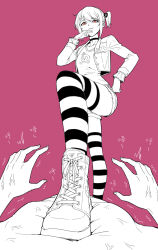 Rule 34 | 1boy, 1girl, femdom, highres, ni3e2a1en1, stepped on, striped clothes, striped thighhighs, thighhighs, veins, veiny hands
