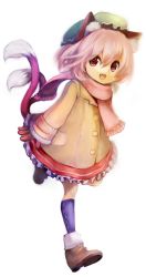 Rule 34 | 1girl, alternate costume, alternate hair color, animal ears, boots, cat ears, cat girl, cat tail, chen, fang, female focus, gloves, hat, mochisuni, multiple tails, open mouth, pink hair, red eyes, scarf, short hair, skirt, smile, socks, solo, tail, touhou