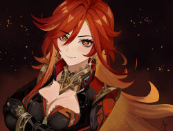 1girl absurdres biker_clothes bikesuit black_bikesuit bodysuit breasts cleavage earrings embers genshin_impact highres jewelry jhonwikkle long_hair looking_at_viewer mavuika_(genshin_impact) multicolored_hair orange_eyes orange_hair orange_pupils original red_hair smile solo sun-shaped_pupils sun_earrings symbol-shaped_pupils two-tone_eyes two-tone_hair very_long_hair