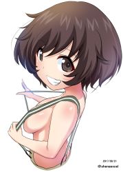 Rule 34 | 10s, 1girl, akiyama yukari, blurry, blurry background, breasts, brown eyes, brown hair, casual, commentary, dated, depth of field, girls und panzer, grin, highres, looking at viewer, looking back, medium breasts, messy hair, naked suspenders, one-hour drawing challenge, sharp teeth, shiina excel, short hair, sideboob, simple background, smile, solo, standing, suspenders, suspenders pull, teeth, twitter username, upper body, white background