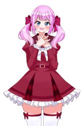 Rule 34 | 1girl, :d, assault lily, belt, belt buckle, blue eyes, blush, bow, brown sailor collar, buckle, commentary, cowboy shot, frilled skirt, frilled sleeves, frills, hair bow, hands on own chest, hands up, high-waist skirt, highres, jewelry, juliet sleeves, kanba girls high school uniform, long hair, long sleeves, looking at viewer, miniskirt, open mouth, own hands together, pink hair, plaid, plaid skirt, puffy sleeves, red belt, red bow, red shirt, red skirt, ring, sadamori himeka, sailor collar, school uniform, serafuku, shirt, simple background, skirt, smile, solo, standing, teeth, thigh bow, thighhighs, twintails, ueda (ueeeeeeeee1006), upper teeth only, white background, white thighhighs, zettai ryouiki