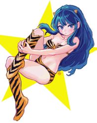 Rule 34 | 1girl, absurdres, animal print, bikini, blue eyes, boots, breasts, cleavage, cone horns, green hair, highres, horns, long hair, looking at viewer, lum, md5 mismatch, navel, oni, pointy ears, resolution mismatch, shiren (ourboy83), small breasts, solo, source larger, star (symbol), swimsuit, tiger print, urusei yatsura
