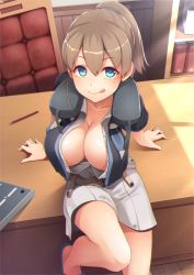 Rule 34 | 1girl, bad anatomy, blue eyes, breasts, brown hair, cleavage, collarbone, from above, hair between eyes, highres, intrepid (kancolle), kantai collection, large breasts, mofu namako, pen, ponytail, short hair, short sleeves, sitting, skirt, smile, solo, tongue, tongue out, white skirt