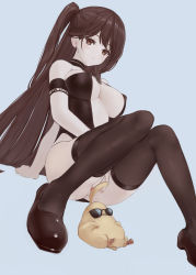 Rule 34 | 1girl, absurdres, anouetto, arm support, armband, azur lane, bad id, bad pixiv id, black footwear, black thighhighs, blush, breasts, breasts apart, brown eyes, brown hair, commentary, convenient censoring, covered erect nipples, earrings, halterneck, highres, jewelry, knees together feet apart, large breasts, leaning back, long hair, looking at viewer, manjuu (azur lane), nail polish, no panties, parted lips, pink nails, pussy, race queen, side ponytail, simple background, sitting, sleeveless, solo, spread pussy, thighhighs, zuikaku (azur lane), zuikaku (the wind&#039;s true name) (azur lane)