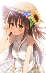 Rule 34 | 1girl, abcd2345, bare arms, bare shoulders, blush, brown eyes, brown hair, flower, forget-me-not (flower), hair between eyes, hair ornament, tucking hair, hairclip, hat, hat flower, hat ribbon, kukiha, leaf, long hair, original, parted lips, ribbon, short hair, simple background, skirt, sleeveless, solo, straw hat, sunflower, sunlight, sweat, upper body, vest, white background, wing collar