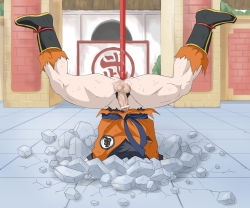 Rule 34 | 1boy, anal, anal object insertion, buried, dragon ball, male focus, male penetrated, object insertion, outdoors, penis, solo, son goku, staff, upside-down