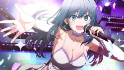 Rule 34 | 1girl, :d, amano nene (vtuber), blue eyes, blue hair, blush, breasts, bridal gauntlets, choker, cleavage, commission, dark blue hair, dress, dress shirt, earrings, highres, holding, holding microphone, jewelry, lace, lace-trimmed dress, lace trim, large breasts, long hair, looking at viewer, microphone, misaki nonaka, music, necklace, open mouth, production kawaii, purple choker, ribbon choker, shirt, singing, skeb commission, sleeveless, sleeveless dress, smile, solo, spaghetti strap, stage, virtual youtuber, white dress