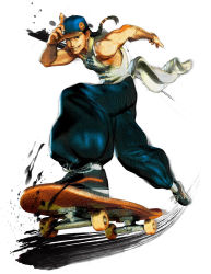 Rule 34 | 1boy, adjusting clothes, adjusting headwear, arms up, badge, bare shoulders, baseball cap, black footwear, black hair, blue pants, brown eyes, capcom, footwear ribbon, foreshortening, grin, hand on headwear, hat, ikeno daigo, long hair, looking at viewer, low ponytail, male focus, official art, pants, ponytail, puffy pants, shoes, simple background, skateboard, sleeveless, smile, sneakers, solo, speed lines, street fighter, street fighter iv (series), white background, yun lee