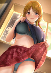 Rule 34 | 1girl, ahoge, blonde hair, blue eyes, blue shirt, blush, bra, breasts, clothes lift, hachimiya meguru, hair ornament, hairclip, highres, idolmaster, idolmaster shiny colors, large breasts, lifting own clothes, long hair, looking at viewer, low twintails, miniskirt, monaka curl, navel, open mouth, panties, plaid, plaid skirt, pleated skirt, polo shirt, school uniform, shirt, shirt lift, skirt, skirt lift, smile, solo, twintails, underwear