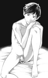 Rule 34 | 1boy, barefoot, completely nude, flaccid, foot out of frame, greyscale, male focus, monochrome, nude, original, penis, sitting, solo, testicles, tsukumo gou