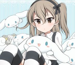 Rule 34 | 10s, 1girl, :o, bandages, black ribbon, black skirt, black thighhighs, boko (girls und panzer), brown eyes, casual, cinnamoroll, collared shirt, commentary, doily, girls und panzer, hair ribbon, holding, holding stuffed toy, light brown hair, long hair, looking at viewer, parted lips, ribbon, ruruepa, sanrio, shimada arisu, shirt, side ponytail, sitting, skirt, solo, striped background, striped clothes, striped thighhighs, stuffed animal, stuffed rabbit, stuffed toy, suspender skirt, suspenders, teddy bear, thighhighs, vertical stripes, white shirt
