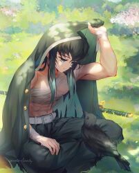 Rule 34 | 1boy, abs, aqua hair, artist name, bandaged arm, bandaged chest, bandaged wrist, bandages, belt, biceps, bird, black hair, blood, blue eyes, crow, dappled sunlight, dated commentary, demon slayer uniform, grass, highres, holding, holding clothes, holding jacket, indian style, jacket, katana, kimetsu no yaiba, long hair, looking at animal, male focus, multicolored hair, muscular, muscular male, navel, rainyforesty, sitting, solo, sunlight, sword, tokitou muichirou, two-tone hair, weapon, weapon on floor, white belt