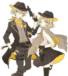 Rule 34 | 39culture, akakura, arm belt, badge, belt, belt buckle, black belt, black coat, black footwear, black gloves, black pants, black skirt, black sleeves, black thighhighs, blonde hair, blue eyes, boots, brother and sister, brown headwear, brown vest, buckle, buttons, cloak, coat, coattails, collared coat, collared shirt, cowboy, cowboy boots, cowboy hat, cowboy western, cowgirl (western), crypton future media, eyelashes, fingerless gloves, fingernails, gloves, grey cloak, grin, gun, hair ornament, hairclip, handgun, hat, hat belt, holding, holding gun, holding weapon, holster, kagamine len, kagamine rin, knee boots, layered sleeves, long sleeves, looking at viewer, miniskirt, multiple belts, neckerchief, one eye closed, open clothes, open coat, open mouth, pants, parted lips, pinstripe pants, pinstripe pattern, pinstripe thighhighs, shawl, shirt, short hair, short ponytail, siblings, simple background, single thighhigh, skirt, sleeves past elbows, smile, star (symbol), striped clothes, striped pants, striped thighhighs, teeth, thigh belt, thigh strap, thighhighs, twins, two-sided cloak, two-sided fabric, two-sided headwear, two-sided skirt, v-neck, vertical-striped clothes, vertical-striped pants, vertical-striped thighhighs, vest, vocaloid, weapon, western, white background, white shirt, white sleeves, yellow cloak, yellow headwear, yellow nails, yellow neckerchief, yellow skirt