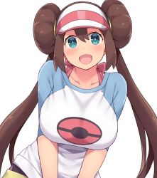 Rule 34 | 1girl, :d, amane hasuhito, blue eyes, breasts, brown hair, collarbone, commentary request, creatures (company), double bun, game freak, hair between eyes, hair bun, large breasts, long hair, nintendo, open mouth, pantyhose, pokemon, pokemon bw2, raglan sleeves, rosa (pokemon), shirt, simple background, smile, solo, twintails, visor cap, white background