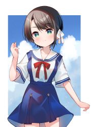 Rule 34 | 1girl, absurdres, blue skirt, blue sky, blush, brown hair, closed mouth, cloud, day, green eyes, hair ribbon, highres, hololive, looking at viewer, meito (maze), neckerchief, oozora subaru, parted bangs, red neckerchief, red ribbon, ribbon, sailor collar, short hair, short sleeves, skirt, sky, smile, solo, virtual youtuber, white ribbon, white sailor collar