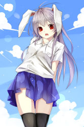 Rule 34 | 1girl, adapted costume, animal ears, arms behind back, black thighhighs, blue sky, cloud, day, gorilla (bun0615), highres, long hair, looking at viewer, open mouth, pleated skirt, purple hair, rabbit ears, red eyes, reisen udongein inaba, shirt, short sleeves, skirt, sky, solo, thighhighs, touhou, very long hair, zettai ryouiki