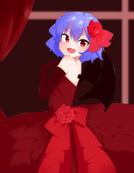 Rule 34 | 1girl, :d, alternate costume, bare shoulders, bat wings, blue hair, blush, curtains, dress, elbow gloves, fang, flower, gloves, gown, hair flower, hair ornament, highres, kameyan, open mouth, red dress, red eyes, remilia scarlet, ribbon, short hair, slit pupils, smile, solo, strapless, strapless dress, touhou, window, wings