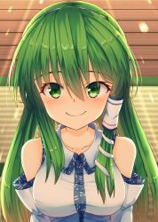 Rule 34 | 1girl, bare shoulders, breasts, closed mouth, collared shirt, commentary, detached sleeves, frog hair ornament, green eyes, green hair, hair between eyes, hair ornament, hair tubes, highres, kochiya sanae, light rays, long hair, looking at viewer, medium breasts, nontraditional miko, shirt, smile, snake hair ornament, solo, touhou, upper body, wide sleeves, yosshy