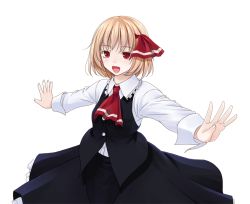 Rule 34 | 1girl, :d, ascot, blonde hair, crote, frilled skirt, frills, hair ribbon, open mouth, outstretched arms, red eyes, ribbon, rumia, shirt, short hair, skirt, smile, spread arms, touhou, transparent background, vest