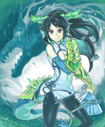 Rule 34 | 1girl, armor, black hair, blue eyes, blush stickers, breasts, china dress, chinese clothes, cleavage, cleavage cutout, clothing cutout, dragon, dragon girl, dragon tail, dress, fins, gauntlets, hair ornament, hand fan, head fins, henry bird 9, karin (p&amp;d), long hair, navel, pantyhose, puzzle &amp; dragons, skin tight, smile, solo, tail, water