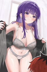Rule 34 | 1boy, 1girl, absurdres, bare shoulders, black hair, blunt bangs, blush, bra, breasts, closed mouth, collarbone, commentary, english commentary, fern (sousou no frieren), grey bra, grey panties, hetero, highres, indoors, large breasts, layer (shinobu), leaning forward, long hair, multicolored hair, navel, paid reward available, panties, purple eyes, purple hair, red hair, solo focus, sousou no frieren, stark (sousou no frieren), sweatdrop, thigh gap, two-tone hair, underwear, undressing, variant set, wind