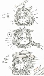 Rule 34 | !, :3, ahoge, anger vein, animal ears, breasts, bug, commentary request, cowboy hat, dual wielding, fly, garyuu ryuuga, gun, hair ornament, handgun, hat, holding, horse girl, insect, meisho doto (umamusume), monochrome, nervous sweating, open mouth, poking, revolver, school uniform, sweat, tracen school uniform, umamusume, weapon, white background