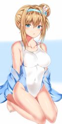Rule 34 | 1girl, alternate costume, armpit peek, bad id, bad pixiv id, barefoot, blonde hair, blue eyes, blush, breasts, collarbone, competition swimsuit, covered navel, fary5, girls&#039; frontline, groin, hair between eyes, hair ornament, hairband, highres, kneeling, long hair, looking at viewer, medium breasts, off shoulder, one-piece swimsuit, open mouth, shiny skin, sideboob, sidelocks, snowflake hair ornament, solo, suomi (girls&#039; frontline), swimsuit, thighs