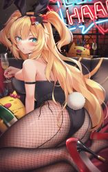 Rule 34 | 1girl, absurdres, akai haato, animal ears, aqua eyes, ass, bare shoulders, black leotard, blonde hair, blush, bottle, bow, breasts, commentary request, couch, cup, fake animal ears, fishnet pantyhose, fishnets, flower, frills, from behind, haaton (akai haato), hair between eyes, hair bow, hair flower, hair ornament, hairband, high heels, highres, holding, holding cup, hololive, large breasts, legs, leotard, long hair, looking at viewer, looking back, makinan, nail polish, on couch, pantyhose, parted lips, playboy bunny, pumps, rabbit ears, rabbit tail, red footwear, red nails, shoes, solo, stiletto heels, strapless, strapless leotard, tail, thighs, two side up, very long hair, virtual youtuber