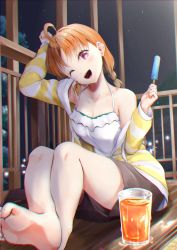 Rule 34 | 1girl, ;), afternoon tea (love live!), artist name, artist request, bare legs, bare shoulders, barefoot, black pants, black shorts, blush, braid, breasts, cleavage, collarbone, cup, feet, female focus, food, frilled shirt, frills, halterneck, hayaoki (asagi-iro seishun-bu), highres, holding, holding food, looking at viewer, love live!, love live! school idol festival, love live! school idol festival all stars, love live! sunshine!!, medium breasts, night, night sky, one eye closed, open pajamas, orange hair, outdoors, pajamas, pants, parted lips, popsicle, red eyes, shirt, short hair, short shorts, short twintails, shorts, side braid, sitting, sky, smile, solo, star (sky), striped clothes, striped sweater, sweater, takami chika, twintails, undershirt, white shirt, wink, yellow sweater