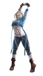 Rule 34 | 1girl, 21yc (september breeze), absurdres, black pants, black sports bra, blonde hair, blue eyes, blue jacket, breasts, cammy white, cropped jacket, fingerless gloves, gloves, highres, jacket, large breasts, midriff, navel, pants, parted lips, red footwear, scar, scar on face, simple background, solo, sports bra, stomach, street fighter, stretching, tachi-e, white background, yoga pants