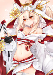 Rule 34 | 1girl, alternate costume, alternate hairstyle, arm support, ayanami (azur lane), azur lane, bare shoulders, blonde hair, blush, breasts, choker, cleavage, closed mouth, collarbone, commentary request, cowboy shot, detached sleeves, groin, hair between eyes, head tilt, headgear, heart, highres, holding, holding sword, holding weapon, long hair, looking at viewer, medium breasts, navel, petals, pink background, red eyes, ryara, sheath, short hair, sidelocks, simple background, skindentation, solo, standing, stomach, sword, thighhighs, thighs, veil, weapon, wedding kimono, white thighhighs