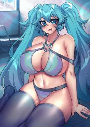 Rule 34 | 1girl, absurdres, alternate breast size, bikini, blue bikini, blue eyes, blue hair, blue thighhighs, breasts, cleavage, curvy, eyebrows, fang, fang out, hatsune miku, heart o-ring, highres, huge breasts, navel, osiimi, pool, poolside, sitting, swimsuit, thighhighs, thighs, twintails, vocaloid