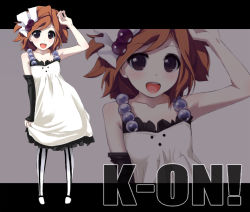 Rule 34 | 00s, 1girl, :d, arm at side, arm up, bare arms, bare shoulders, brown hair, copyright name, don&#039;t say &quot;lazy&quot;, dress, female focus, flat chest, full body, grey background, grune, hirasawa yui, k-on!, letterboxed, looking at viewer, open mouth, pantyhose, purple eyes, short hair, simple background, skirt hold, sleeveless, sleeveless dress, smile, solo, standing, striped clothes, striped pantyhose, swept bangs, vertical-striped clothes, vertical-striped pantyhose, white dress, zoom layer