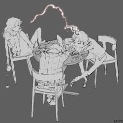 Rule 34 | 1girl, 2boys, chair, computer, cup, glasses, harry potter, harry potter (series), hermione granger, laptop, magic, monochrome, multiple boys, ron weasley, sitting, steve ahn, table, teacup, wand, wizarding world