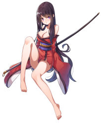 Rule 34 | 1girl, absurdres, bare shoulders, barefoot, black hair, blush, breasts, cleavage, collarbone, de da xianyu, hair between eyes, highres, holding, holding sword, holding weapon, japanese clothes, katana, kimono, knee up, large breasts, long hair, looking at viewer, open mouth, original, parted lips, purple eyes, red kimono, simple background, sitting, solo, sword, thighs, very long hair, weapon, white background, yokozuwari