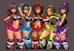 Rule 34 | 5girls, abs, armpits, arms behind head, black hair, blue eyes, blue hair, bow, breasts, brown eyes, brown hair, choker, cleavage, covered erect nipples, elbow gloves, eyeshadow, fingerless gloves, fingernails, fishnets, fur, gloves, grin, hair bow, hand on own hip, highres, impossible clothes, jewelry, lip piercing, lips, long fingernails, looking at viewer, makeup, midriff, miniskirt, multiple girls, nail polish, navel, navel piercing, original, piercing, pleated skirt, purple hair, shiny skin, simple background, skirt, smile, tagane, tattoo, toned, yellow eyes