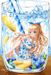 Rule 34 | 1girl, absurdres, blonde hair, blue dress, blue eyes, blueberry, bubble, clothing cutout, cup, dress, drinking straw, food, fruit, glass, hair ribbon, highres, ice, ice cube, in container, leaf, legs together, lemon, lemon slice, long hair, mini person, minigirl, open mouth, original, polka dot, polka dot dress, pouring, ribbon, shoulder cutout, sitting, ssum (ehf dustk), submerged, table, underwater, water, water drop, wooden table