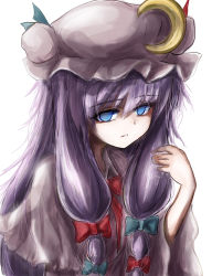 Rule 34 | 1girl, alternate eye color, bags under eyes, blue bow, blue eyes, blue ribbon, bow, commentary request, crescent, crescent pin, hand in own hair, hat, highres, looking at viewer, messy hair, namiki (remiter00), patchouli knowledge, purple hair, red bow, red neckwear, red ribbon, ribbon, shaded face, simple background, touhou, upper body, white background