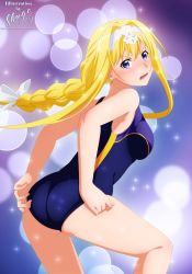 Rule 34 | 1girl, absurdres, alice zuberg, ass, bare legs, bare shoulders, bikini, blonde hair, blue background, blue eyes, breasts, competition swimsuit, derivative work, hairband, highres, large breasts, long hair, looking at viewer, one-piece swimsuit, ponytail, school swimsuit, shugo19, solo, swimsuit, sword art online, sword art online: alicization, white hairband