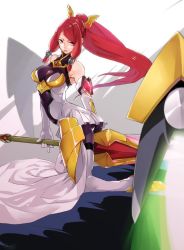 Rule 34 | 1girl, arc system works, armor, armored dress, ass, bare shoulders, blazblue, blazblue: chronophantasma, bodysuit, boots, breasts, detached sleeves, faulds, female focus, gradient background, hair ornament, hair tubes, izayoi (blazblue), kneeling, large breasts, long hair, looking at viewer, pantyhose, ponytail, red eyes, red hair, serious, shiny clothes, showgirl skirt, solo, sword, very long hair, weapon