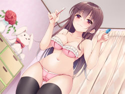 Rule 34 | 1girl, bad id, bad pixiv id, bare arms, bare shoulders, black thighhighs, blurry, blurry background, blush, bow, bow panties, bra, breasts, brown hair, cameltoe, cleavage, cleft of venus, closed mouth, collarbone, commentary request, curtains, depth of field, dutch angle, flower, hair between eyes, highres, holding, ko yu, long hair, looking at viewer, medium breasts, navel, original, panties, pink bra, pink panties, purple eyes, red flower, red rose, rose, smile, solo, strapless, strapless bra, stuffed animal, stuffed rabbit, stuffed toy, thigh gap, thighhighs, toothbrush, underwear, underwear only, vase, very long hair