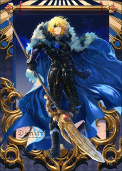 Rule 34 | 1boy, areadbhar (weapon), armor, artist name, aura, belt, blonde hair, blue eyes, cape, character name, dimitri alexandre blaiddyd, eyepatch, fire emblem, fire emblem: three houses, fur trim, gloves, heroes relic (fire emblem), highres, kaze-hime, male focus, manly, nintendo, not for sale, polearm, solo, spear, watermark, weapon, web address