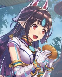 Rule 34 | 1girl, anbe yoshirou, black hair, bread, breasts, food, fox mask, highres, jewelry, kasandra (xenoblade), long hair, mask, medium breasts, pointy ears, red eyes, solo, xenoblade chronicles (series), xenoblade chronicles 2